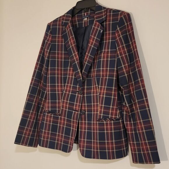Tommy Hilfiger Navy Red Royal Stewart Plaid Professor Patch Elbow Blazer Size 8 - Picture 11 of 13
